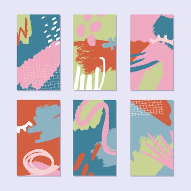 Soyut kolaj hikayeleri seti. Moda tarzında el çizimi desen. Parlak yaz renkleri. Vektör illüstrasyonu. 