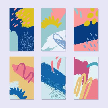 Soyut kolaj hikayeleri seti. Moda tarzında el çizimi desen. Parlak yaz renkleri. Vektör illüstrasyonu. 