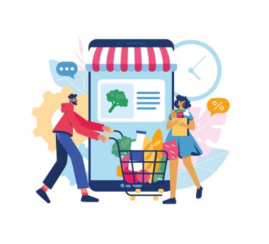 Çevrimiçi market konsepti. Akıllı telefondan alışveriş yapan kadın ve erkek geliyor. Vektör illüstrasyonu.
