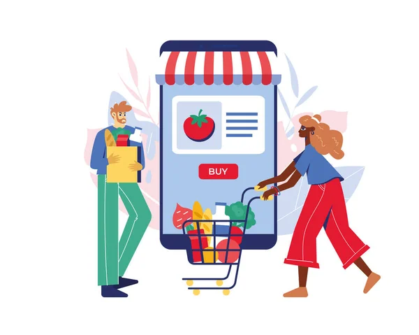 Online Kruidenierswinkel Concept Vrouw Man Met Boodschappen Die Uit Smartphone — Stockvector