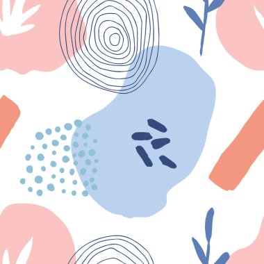 Botanik ve geometrik elementlerle, dokularla, modaya uygun şekillerde soyut, kusursuz desenler. Parlak renkler moda. Vektör illüstrasyonu.