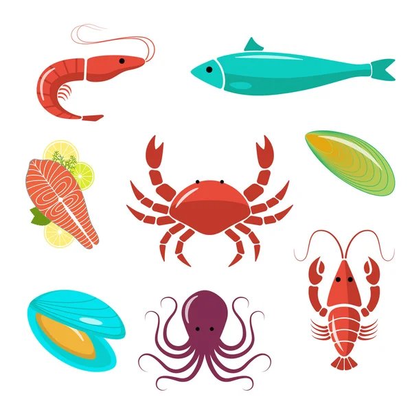 Deniz ürünleri düz kiti. Balık, karides, Yengeç, midye, istiridye.