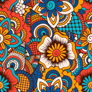 El çekilmiş seamless modeli ile çiçek öğeleri.