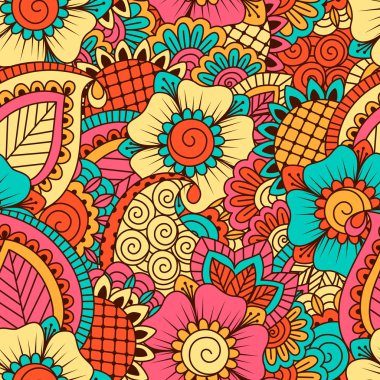 El çekilmiş seamless modeli ile çiçek öğeleri.