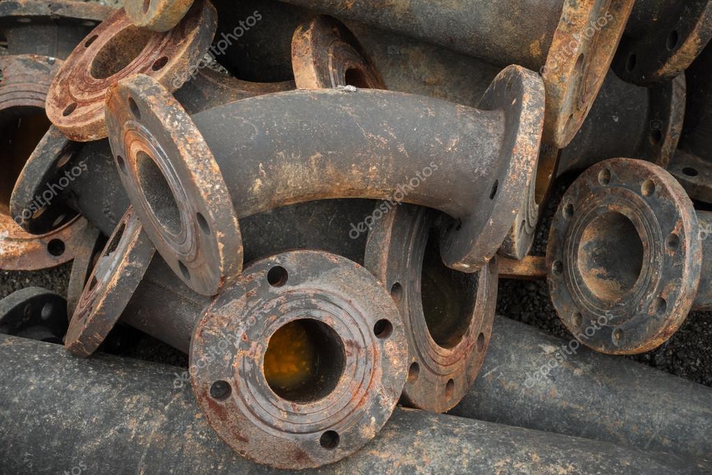 Storage of sewage pipe fittings, Cast iron pipe fittings. Stock Photo