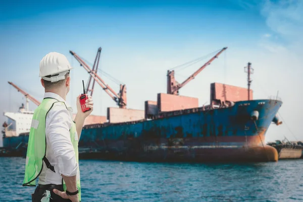 Container Shipping Supervisor Control Import/Export in Loading Commercial Dock, Containers Logistic Ship Engineer Controlling of Transportation Industry. Cargo Ship Industrial and Sea Port Service