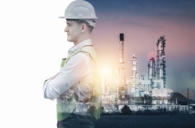 Petrol-Gaz Sanayi ve Mühendislik Fütüristik Konsepti, Güvenlik Ekipmanı ve Petrol Rafineri Arkaplan İnşaat Mühendisi İmalatı. İş İnşaatı Endüstrisi