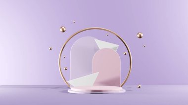 Minimum geometrik sahne, metal küreli kozmetik podyumu. Ön görünüm 3d Kopyalama alanı oluşturuluyor.