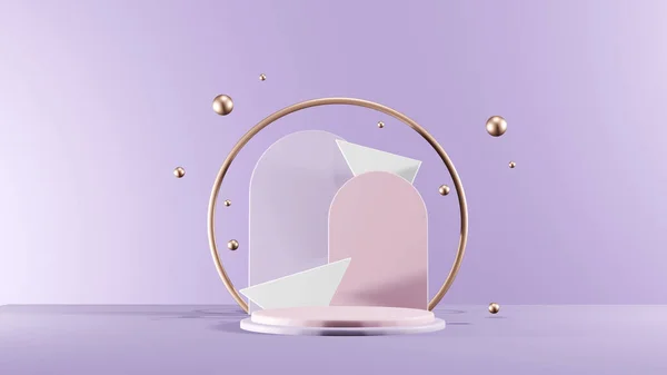 Minimum geometrik sahne, metal küreli kozmetik podyumu. Ön görünüm 3d Kopyalama alanı oluşturuluyor.