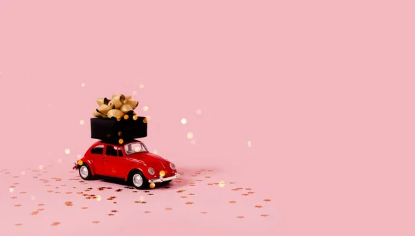 Toy Car Present Christmas Decorations Confetti Bokeh Lights Top Horizontal — Stock Photo, Image