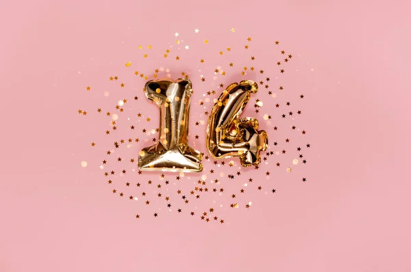 14 foil number saint valentines day. Numbers with confetti and bokeh lights. Top horizontal view copyspace — Stock Photo, Image