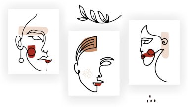 Bir kadın sürekli bir çizim tarzıyla yüzleşir. Modern Moda minimal portresi. Basit kadın portresi..