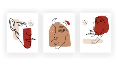 Bir kadın sürekli bir çizim tarzıyla yüzleşir. Modern Moda minimal portresi. Basit kadın portresi..