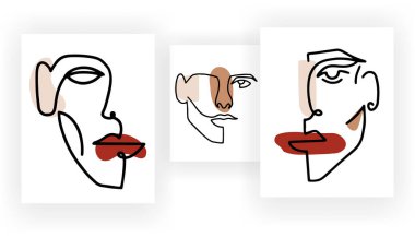 Bir kadın sürekli bir çizim tarzıyla yüzleşir. Modern Moda minimal portresi. Basit kadın portresi..