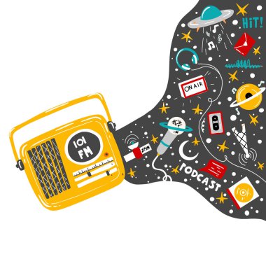 Radyo Dünyası Günü. Radyo yayını ve online eğitim. Radyo, dalga, mikrofon, kayıt ve kulaklık.