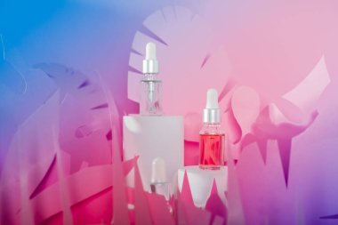 Beyaz bir podyumda üzerinde pipeti olan damlatan cam şişeler. Şeffaf hyaluronik doğal güzellik mineral ürünü ve eko serumu cilt bakımı kavramı.