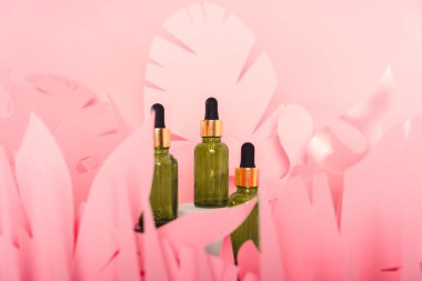 Beyaz bir podyumda üzerinde pipeti olan damlatan cam şişeler. Şeffaf hyaluronik doğal güzellik mineral ürünü ve eko serumu cilt bakımı kavramı.