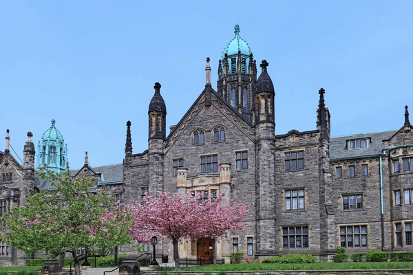 Gothic style college building at the University of Toronto, with flowering tree in spring