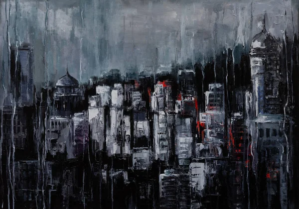 Fantasy city under grim November rain. Acrylic painting on canvas.