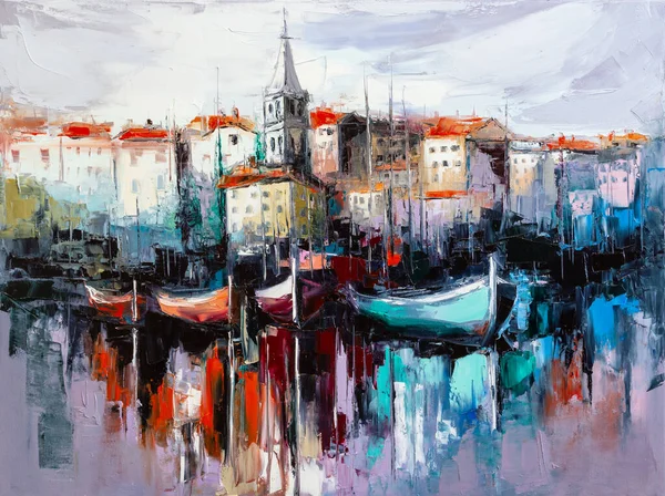Rovinj, Croatia. Boats in the marina. Oil painting on canvas.