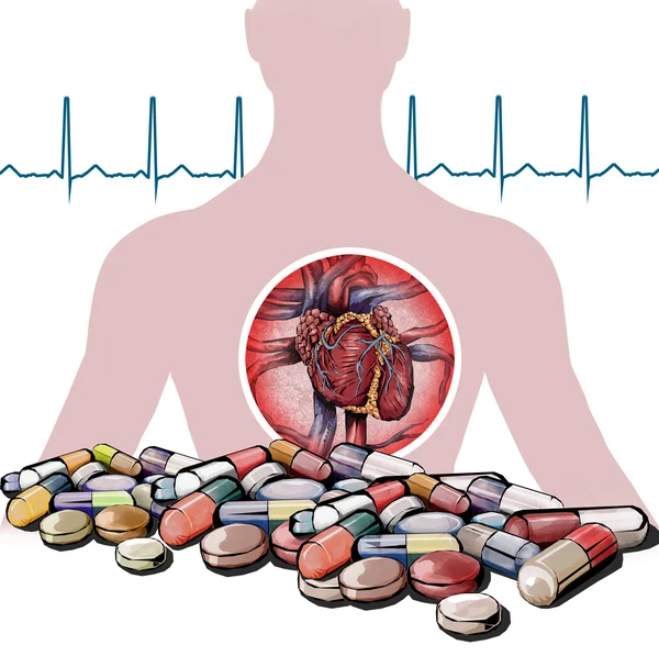 Coração com sistema circulatório humano e drogas — Fotografia de Stock