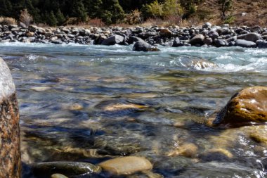 Suyun altındaki renkli taşlar ve çakıl taşlarına yansıyan güneş ışığıyla temiz nehri kapat. Doğal dalgalar ve parıldayan ışık desenleri barışçıl ve ferahlatıcı bir atmosfer yaratır..