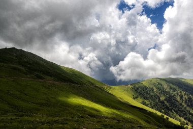 Güzel Keşmir Peyzajı. Kashmir 'in yemyeşil çayırları ve dağları