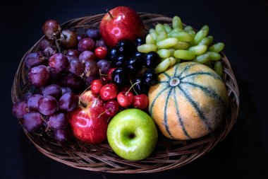 Meyve çeşitleri kırmızı elma, yeşil elma, kırmızı üzüm, yeşil üzüm ve misk karpuzu.