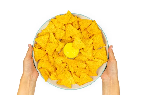 Full Plate Tortilla Corn Chips Cheese Sauce Female Hands White — Stock Photo, Image