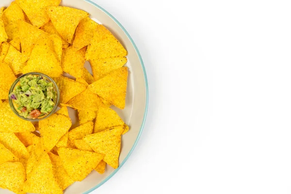 Egy Nagy Tányér Ropogós Nachos Guacamole Chips Közepén Étel Egy — Stock Fotó