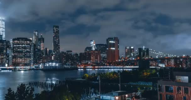 ニューヨーク、アメリカ、ハイパーラプス-ブルックリンハイツプロムナードからマンハッタンの夜景を望む — ストック動画
