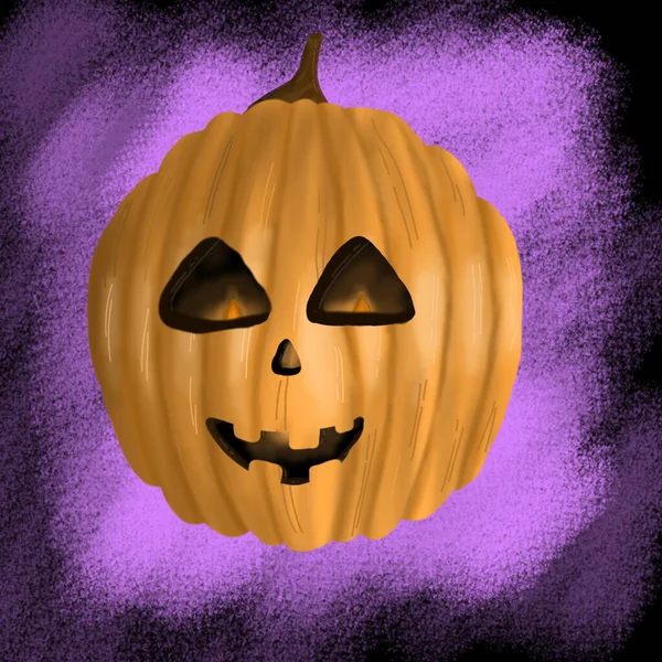 Orange Pumpkin Carved Eyes Purple Background Symbol Halloween Holiday Drawing — Stock Photo, Image