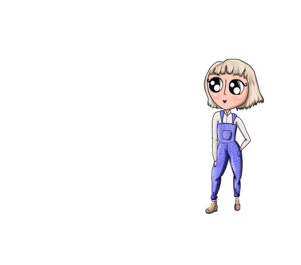 Een meisje met een lichtvierkant en een blauw jumpsuit in bruine schoenen met grote ogen van de pagina 's van een modeblad. Vrijetijdsmode. Een jonge vrouw. Tekenen. spandoek. — Stockfoto