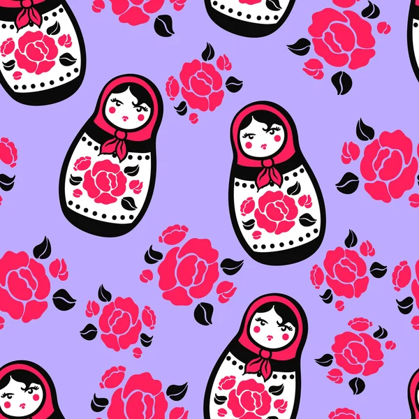 Fond violet sans couture avec un motif de poupées imbriquées russes stylisées avec des roses rouges avec des feuilles noires. Matryoshka — Image vectorielle