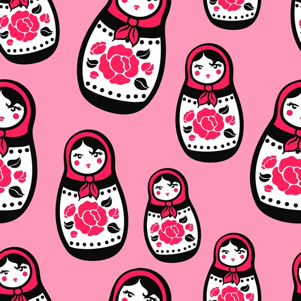 Siyah yaprakları ile kırmızı güller ile stilize Rus yuvalanmış bebek bir desen ile Dikişsiz pembe arka plan. Matryoshka