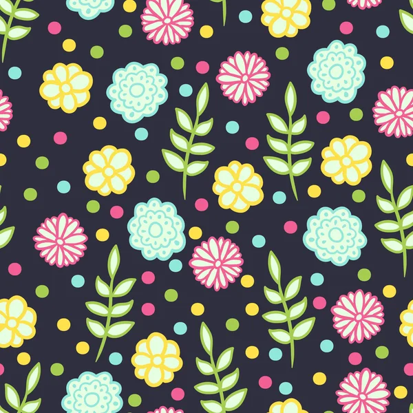 Fond sans couture avec un motif de drôles de fleurs roses, bleues et jaunes dessinées, feuilles vertes et points — Image vectorielle