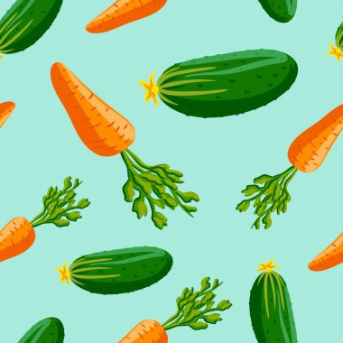 Sulu sağlıklı turuncu havuç ve yeşil salatalık bir desen ile Dikişsiz yeşil arka plan