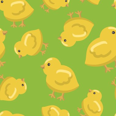Komik çizilmiş mutlu sevimli sarı civciv bir desen ile Dikişsiz yeşil arka plan
