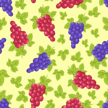 Üzüm yeşil yaprakları ile lezzetli sulu kırmızı ve mor kümeleri bir deseni ile sorunsuz arka plan