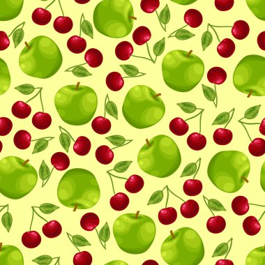 Sulu olgun kırmızı kiraz ve yeşil elma bir model ile sorunsuz arka plan