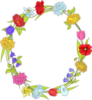 Karanfil, calla, çan çiçeği, haşhaş, narsis, krizantem, gül, şakayık ve lale çelenk ile Arka plan