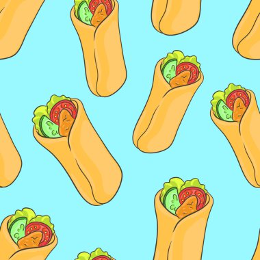 Tavuk, domates, salatalık ve lahana salatası ile lezzetli taze shawarma bir desen ile Dikişsiz arka plan.