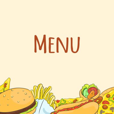 Shawarma, sosisli sandviç, hamburger, fransız patates, pizza ile arka plan. Fast food. Yazıt 