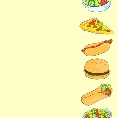Lahana, domates, salatalık ve biber, shawarma, sosisli, burger, pizza ile salata bir desen ile Dikişsiz arka plan. Fast food