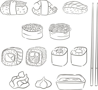 Havyar, yengeç, avokado, salatalık, somon, wakame ile suşi, kızak, kırmızı havyar ile, karides ile Philadelphia rulo, Rulo Kaliforniya. Soya sosu, yemek çubukları, wasabi, zencefil turşusu. Izole