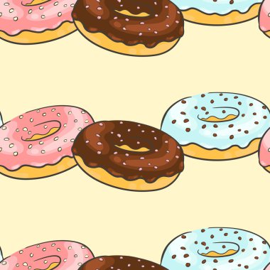 Çikolata, çilek ve vanilya frosting ile lezzetli taze çörekler bir desen ile Dikişsiz arka plan