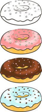 Çikolata, çilek ve vanilya frosting ile lezzetli taze çörekler. Yalıtılmış küme