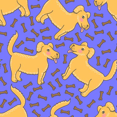 Bir allık ve kemikleri ile sevimli karikatür köpek bir desen ile Dikişsiz arka plan