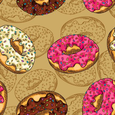 Çikolata, çilek ve vanilya frosting ile çörekbir desen ile Dikişsiz arka plan