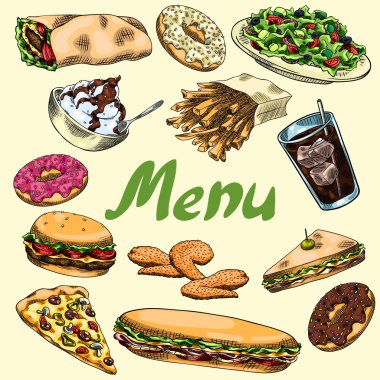 Menü için kapak. Fast food. Hamburger, patates kızartması, sandviç, şal, pizza, salata, soda, çörek, kızarmış tavuk kanatları, dondurma.
